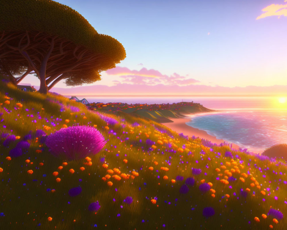 Colorful seaside sunset with meadow, ocean, and trees