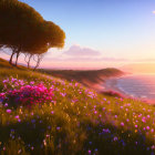 Colorful seaside sunset with meadow, ocean, and trees
