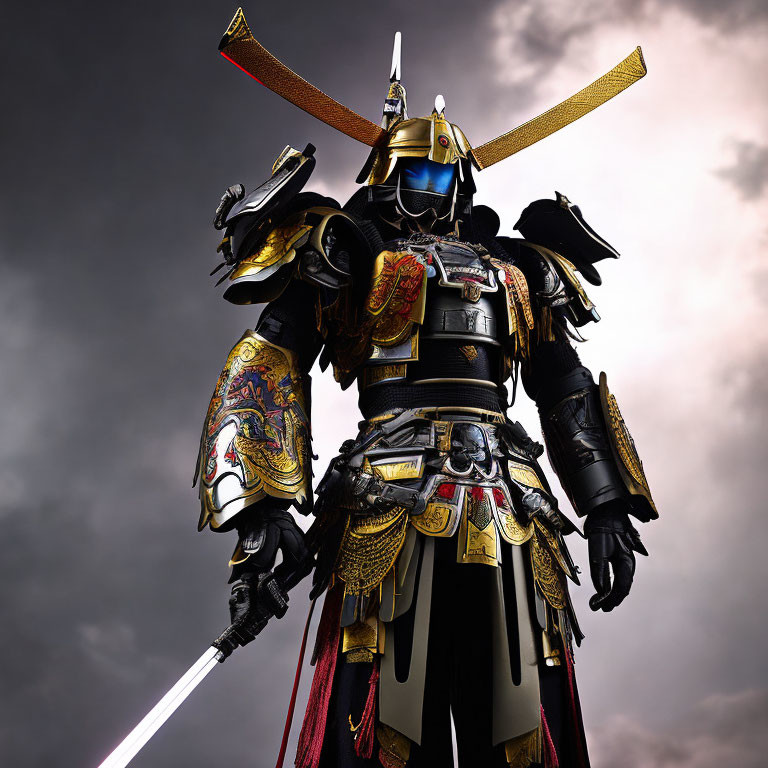 Traditional Samurai Armor with Kabuto Helmet and Sword Against Clouded Sky