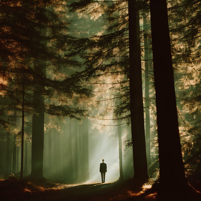 Person in misty forest with sunbeams filtering through tall trees