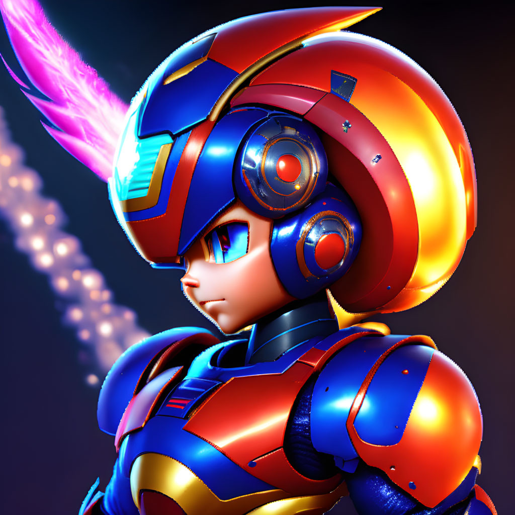 Colorful 3D character in red and blue armored suit with energy cannon.
