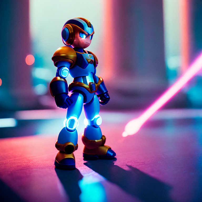 Futuristic armored toy figure under neon lights in sci-fi scene