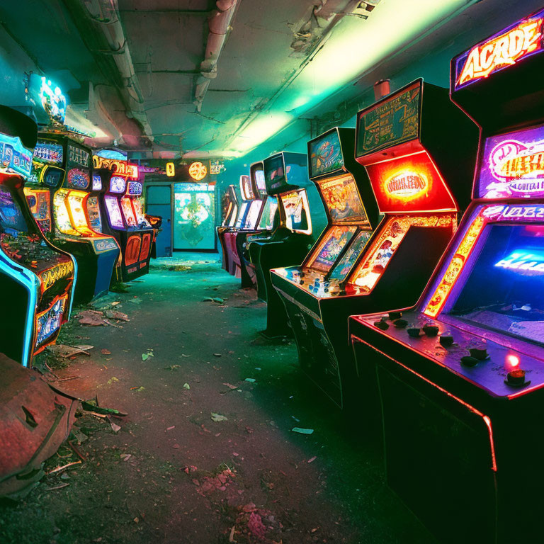 Abandoned arcade with dusty vintage gaming cabinets