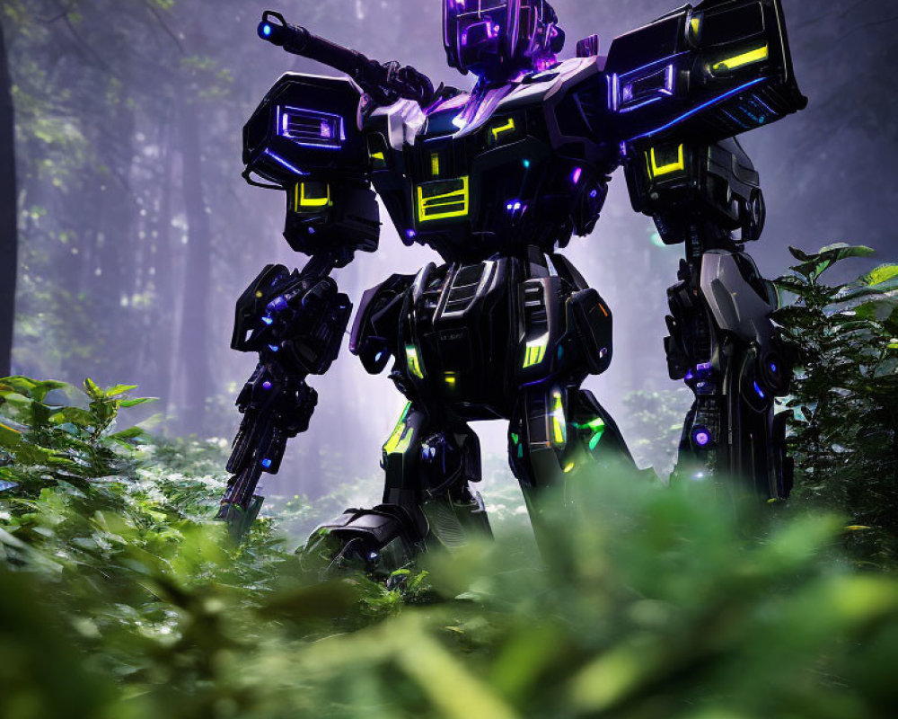 Giant Robot with Glowing Blue Eyes in Misty Forest