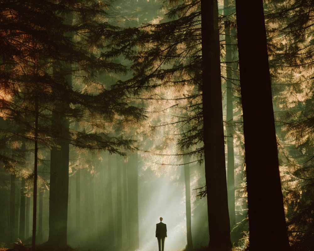 Person in misty forest with sunbeams filtering through tall trees