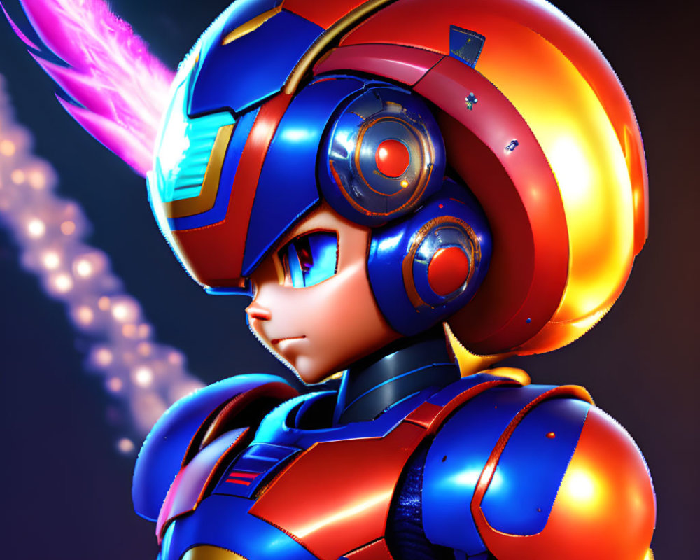 Colorful 3D character in red and blue armored suit with energy cannon.