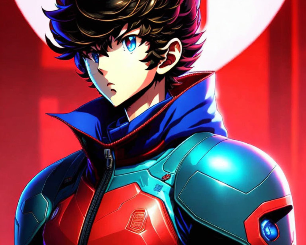 Young male character in futuristic armor against red backdrop with heart logo