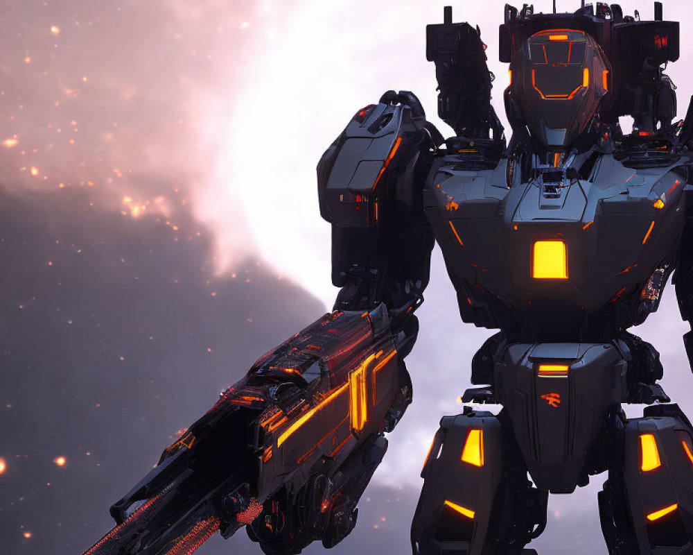 Futuristic mech robot with glowing orange accents in cosmic setting