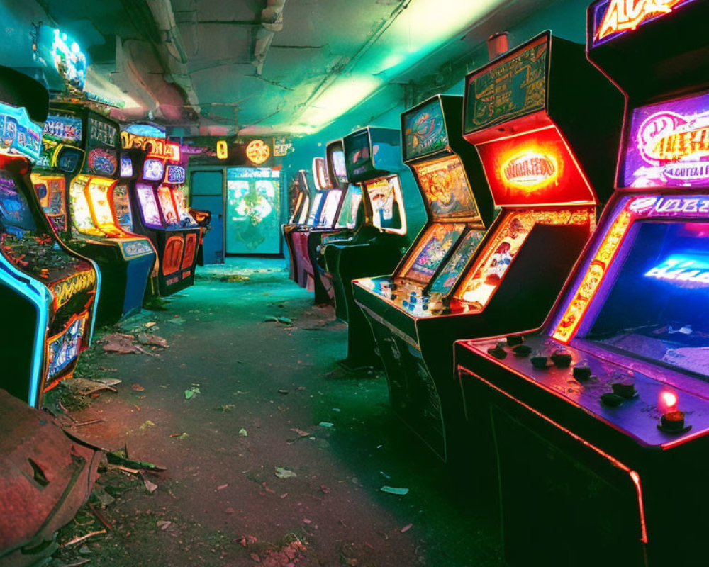 Abandoned arcade with dusty vintage gaming cabinets
