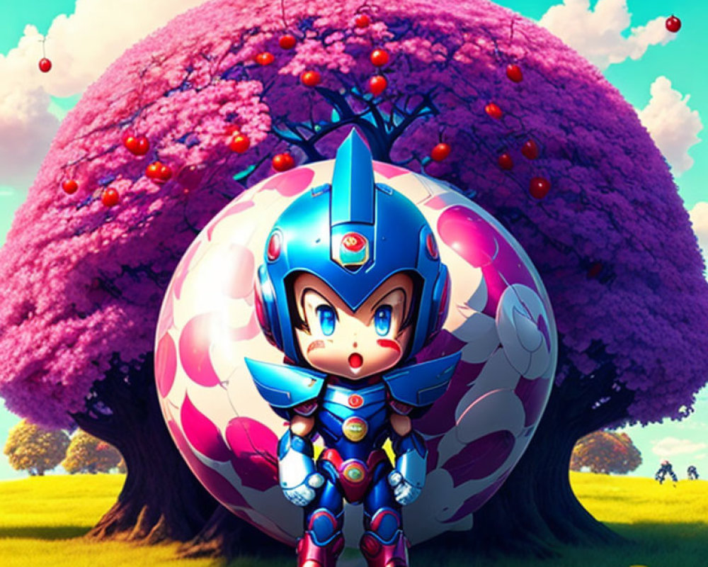 Stylized animated character in blue armor against vibrant landscape