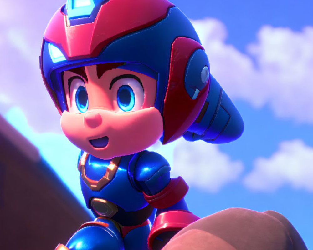 Colorful 3D render of cartoon character in blue and red suit with helmet