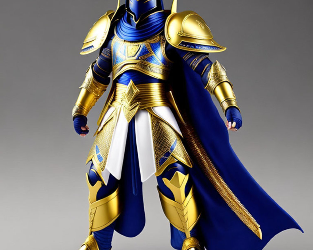 Detailed 3D illustration of a knight in blue and gold armor