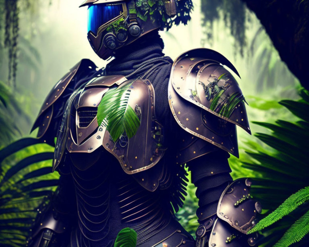 Futuristic warrior in black armor with blue visor helmet in lush green jungle