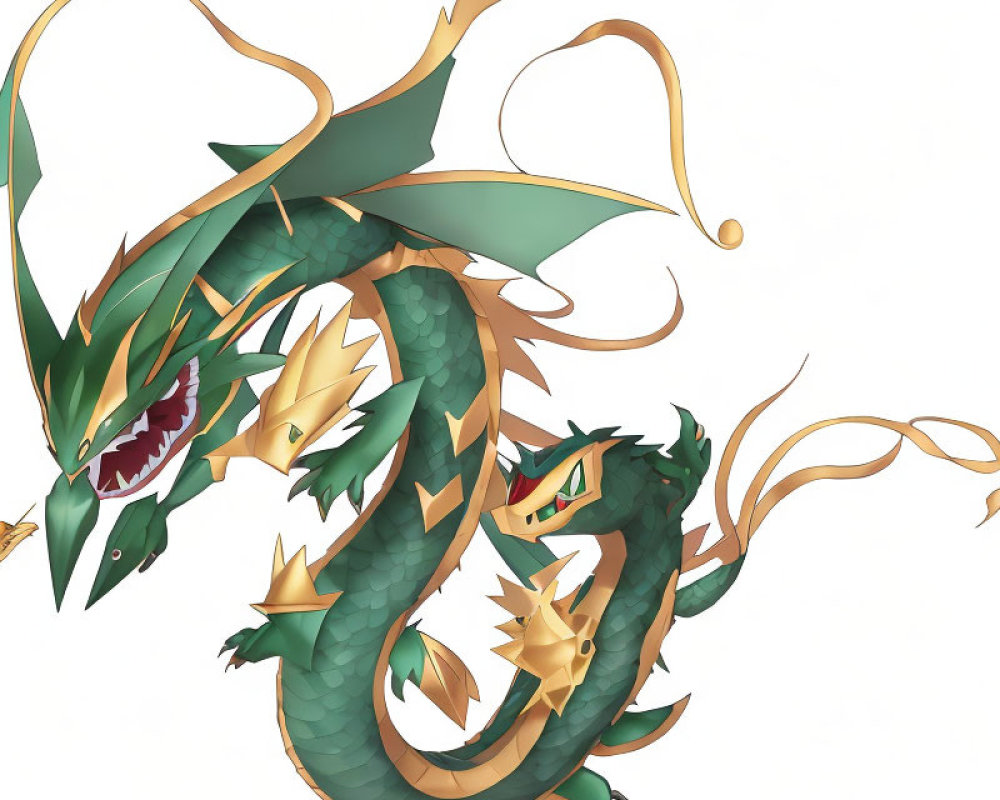 Green and Gold Dragons in Stylized Design with Sharp Claws and Elaborate Tails