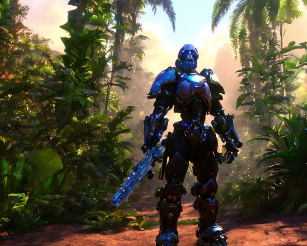 Armored robot with glowing sword in lush jungle under warm sunlight