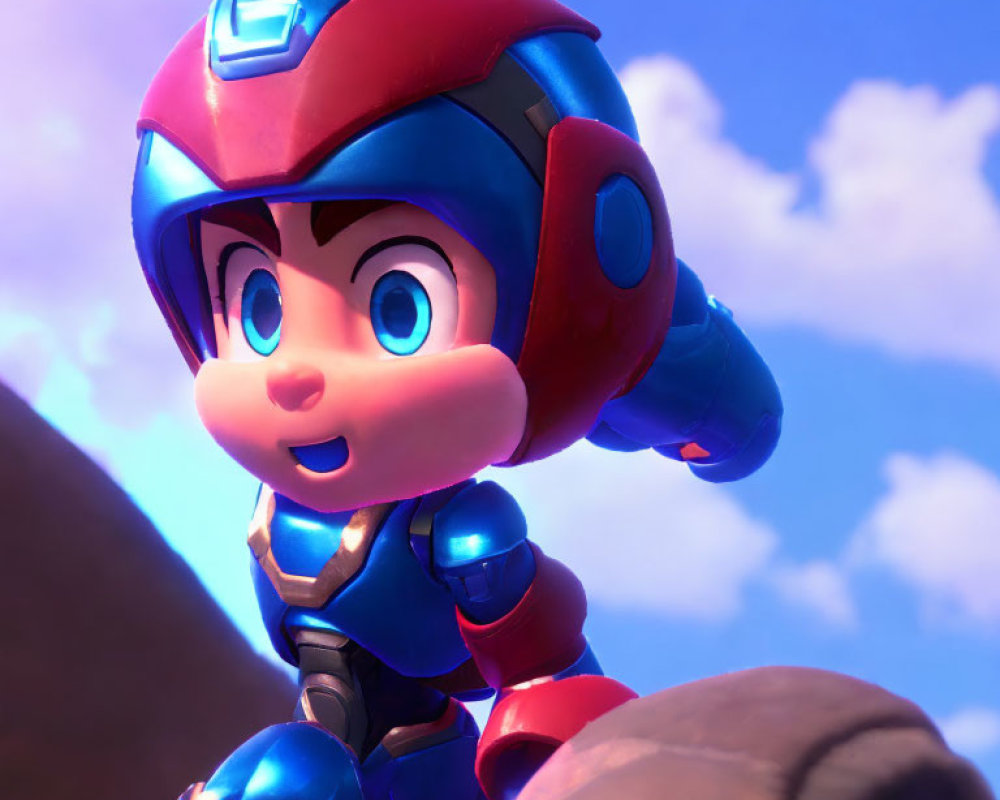 3D animated character in blue and red armor against cloudy sky