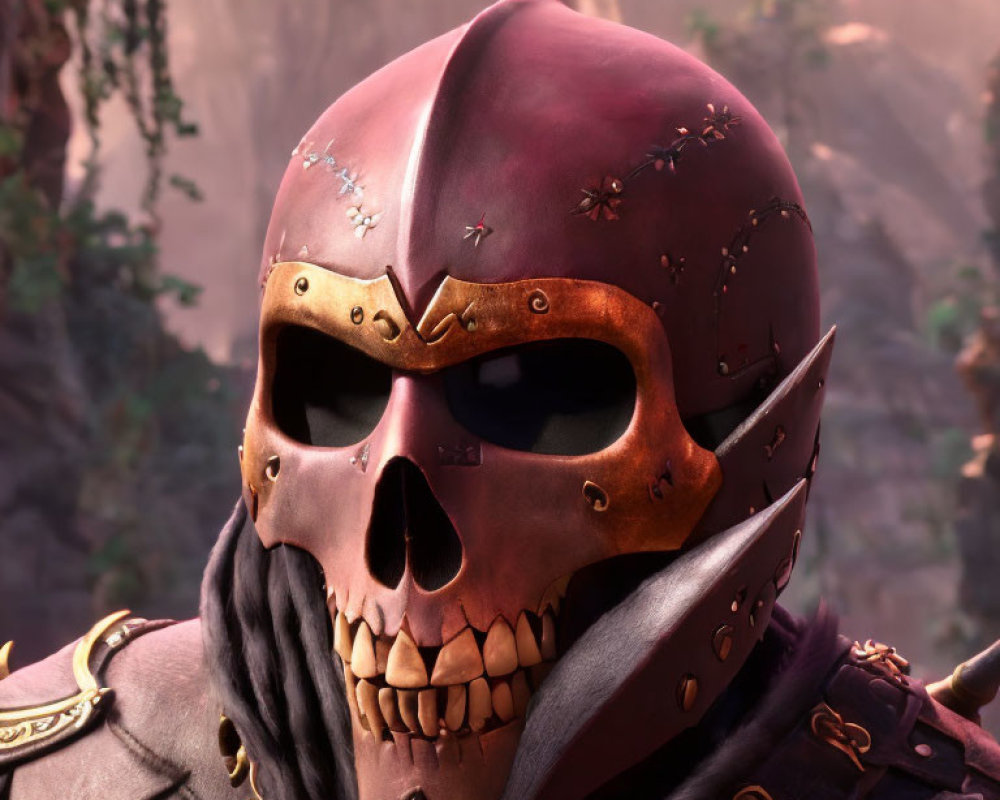 Detailed close-up of animated character with skull face in ornate purple helmet and ragged cloak