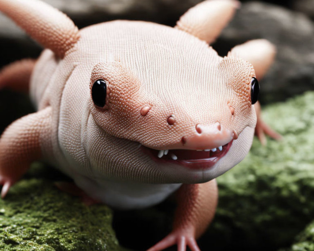 Close-up: Smiling toy gecko on moss-covered rock