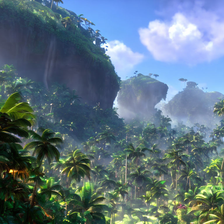 Lush Tropical Forest with Waterfalls and Mist under Blue Sky