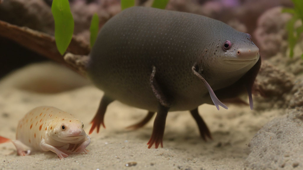 Gray fish with dolphin-like face swims above salamander-like creature on sandy aquarium floor