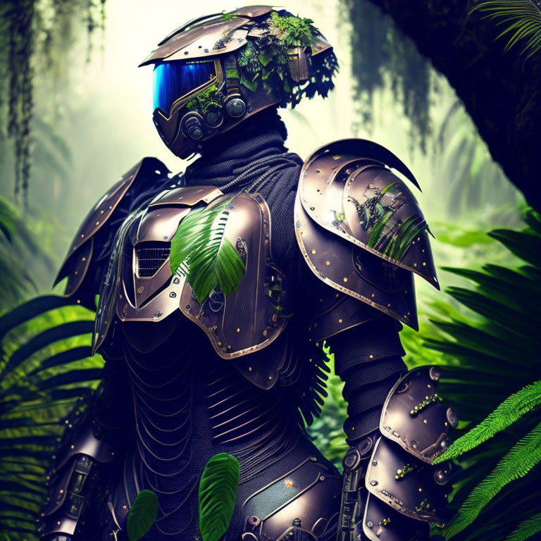 Futuristic warrior in black armor with blue visor helmet in lush green jungle