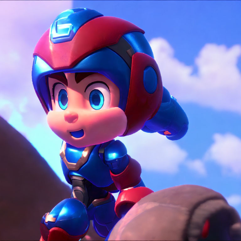 3D animated character in blue and red armor against cloudy sky