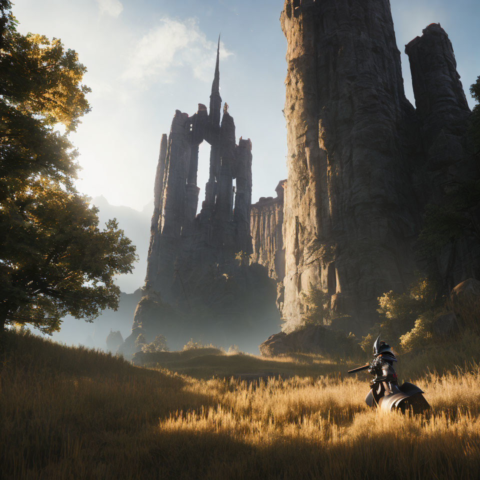 Knight on Horseback Amidst Sunlit Ruin and Cliffs