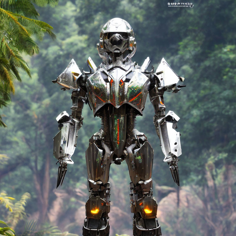 Metallic robot with armor plating in misty forest with glowing orange lights