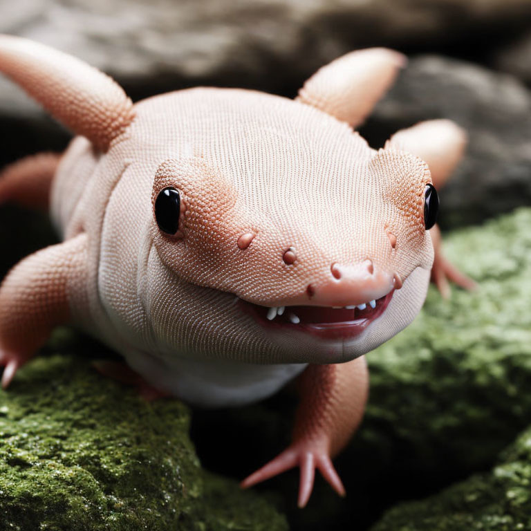 Close-up: Smiling toy gecko on moss-covered rock
