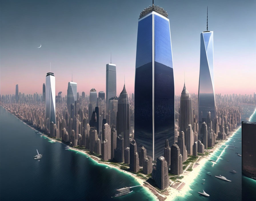 Futuristic cityscape with skyscrapers, river, boats, and crescent moon