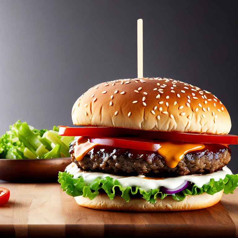 Classic Cheeseburger with Lettuce, Tomato, Onions, Beef Patty, Sesame Seed Bun