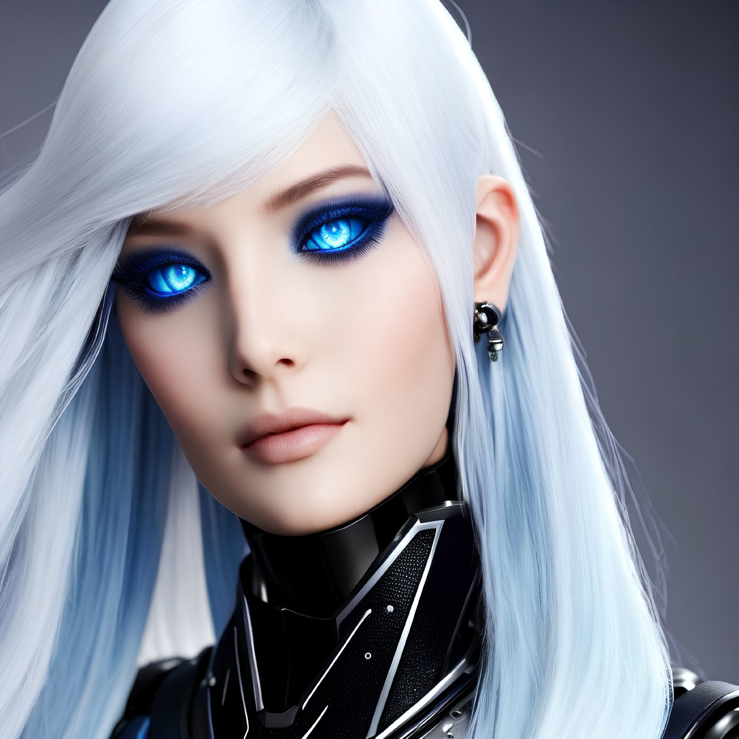 Digital art portrait of female character with blue eyes, white hair, and futuristic black armor.
