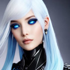 Digital art portrait of female character with blue eyes, white hair, and futuristic black armor.