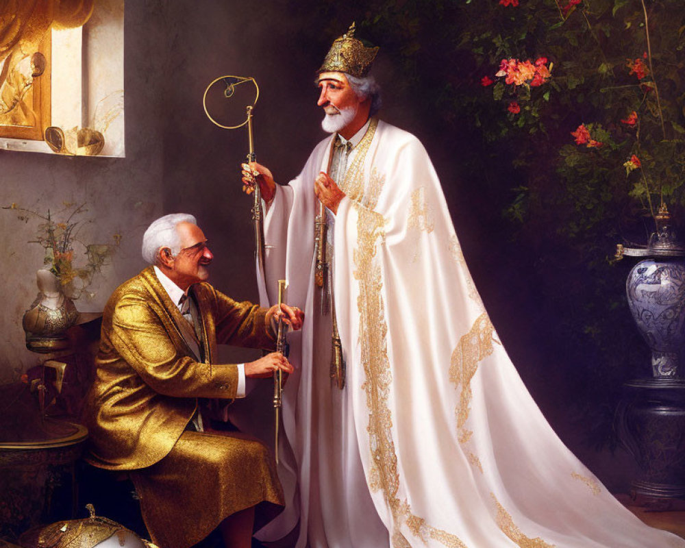 Elderly man in golden robes kneels before majestic figure in white and gold robe with scepter