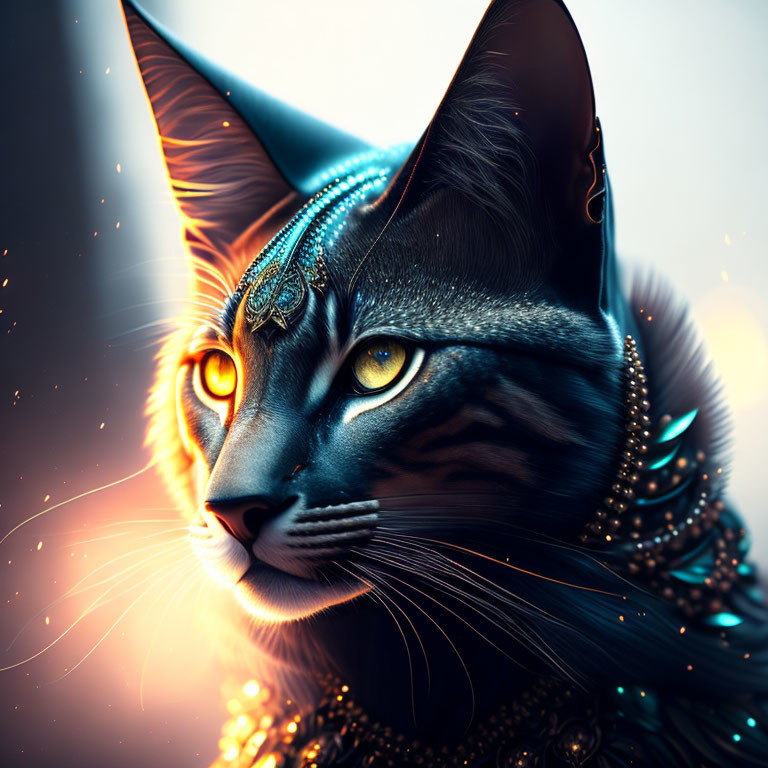 Mystical black cat with yellow eyes in tribal jewelry on warm backdrop