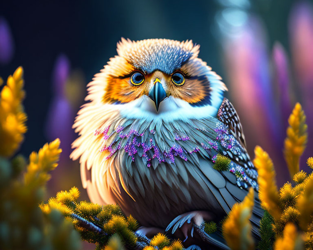 Colorful Fantastical Owl Among Vibrant Flowers and Sparkling Decorations