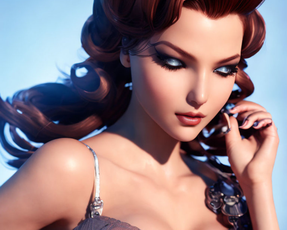 3D-rendered woman with auburn hair and blue eyes in strap dress
