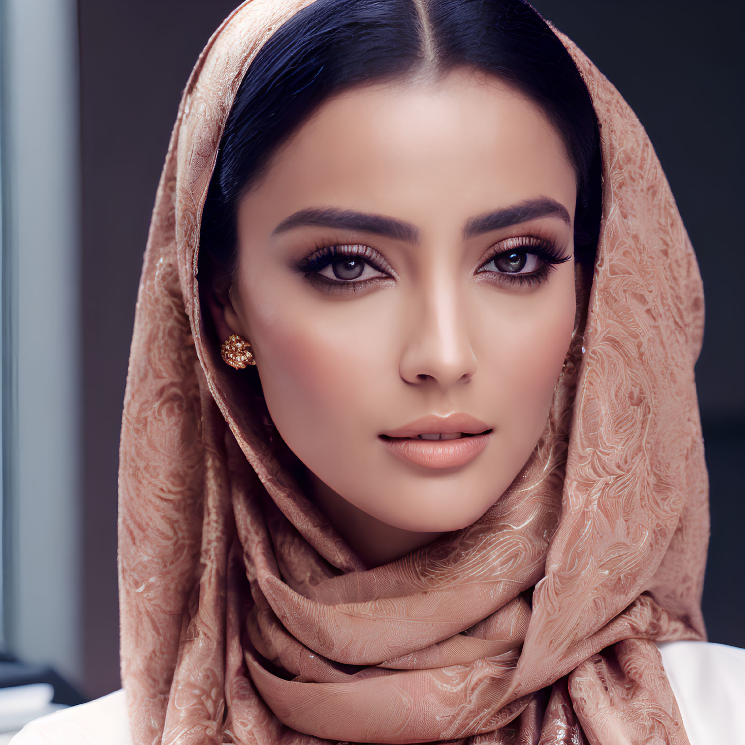 Dark-haired woman in beige hijab with gold earrings and striking eyes gazes at camera