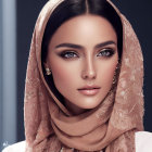 Dark-haired woman in beige hijab with gold earrings and striking eyes gazes at camera