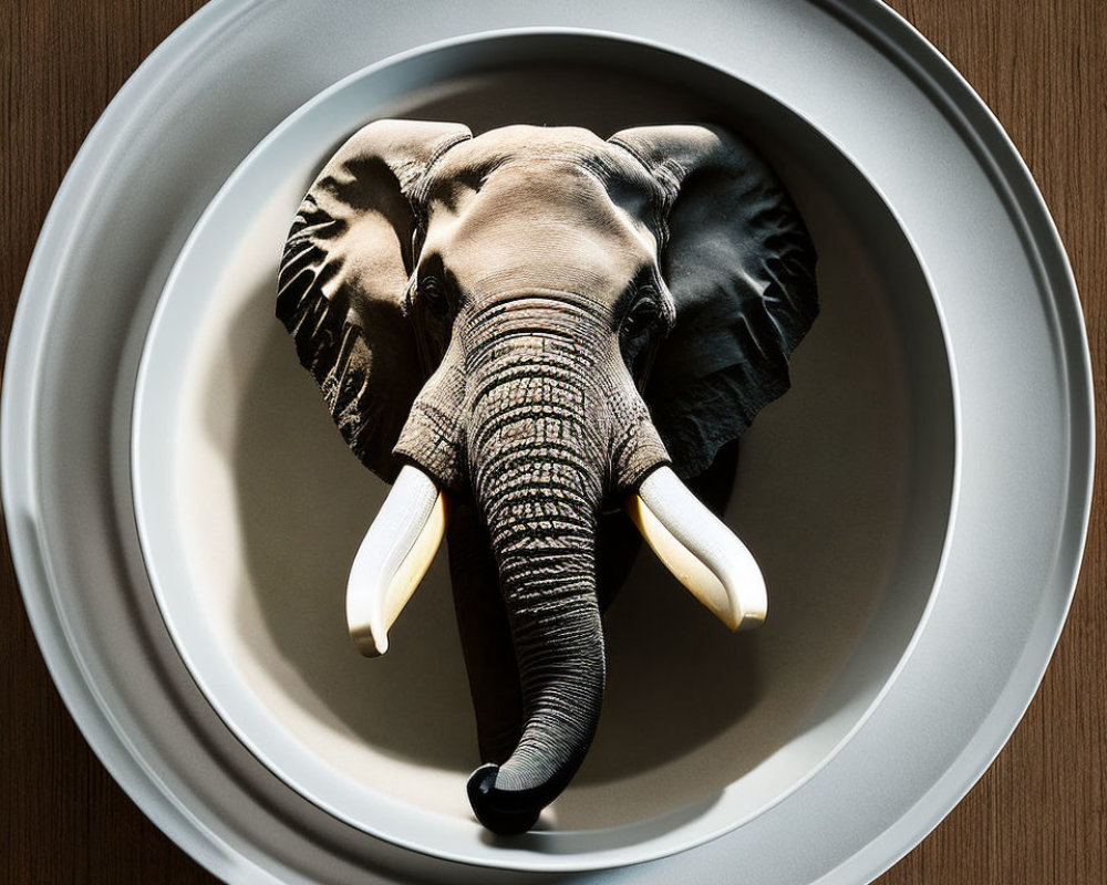 Surreal elephant emerging from circular frame with focus on trunk and tusks