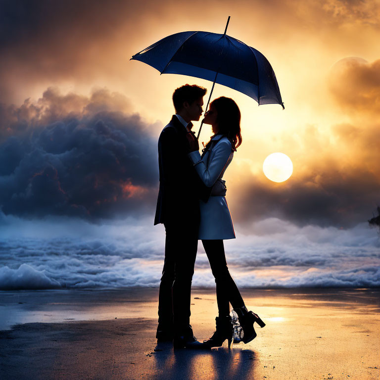 Couple Embracing Under Umbrella on Beach at Sunset