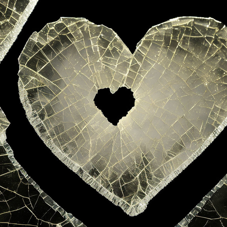 Broken glass heart with hole and crack patterns on dark background