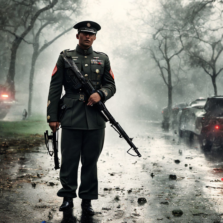 Soldier in uniform with rifle on wet road in light rain, blurred vehicles in background