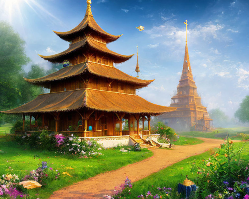 Traditional Asian Pagodas in Serene Landscape with Vibrant Flora