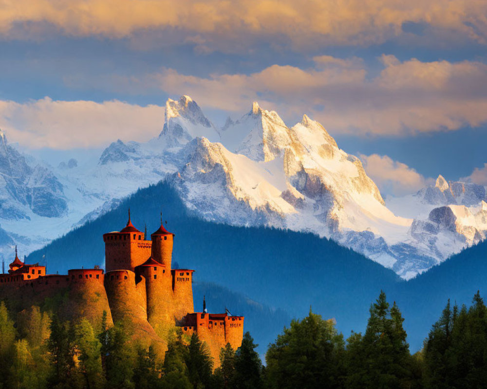 Red-Roofed Castle on Green Hill with Snow-Capped Mountains at Sunrise