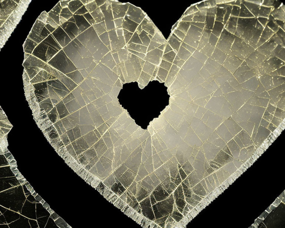 Broken glass heart with hole and crack patterns on dark background