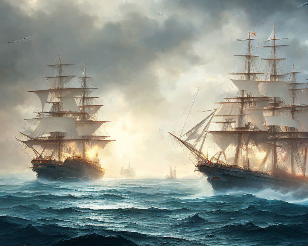 Tall ships with full sails in stormy seas with seabirds and distant vessels