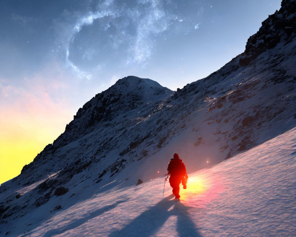 Snow-covered mountain climber under starry sky with galaxy at dusk