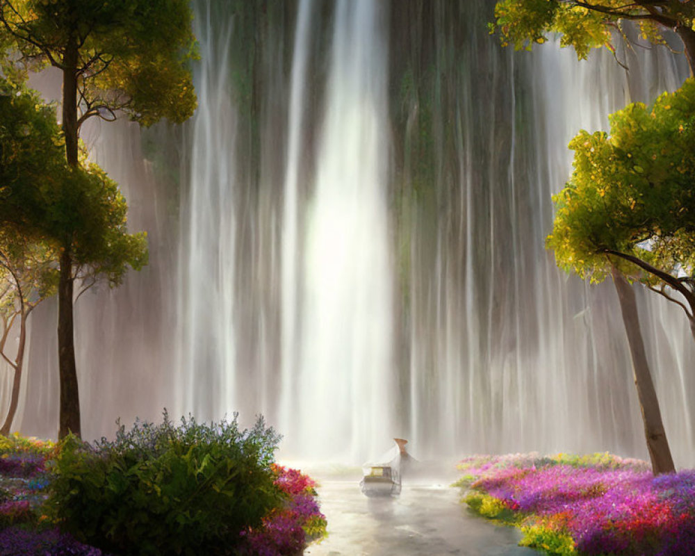 Sunlit Forest Glade with Serene Waterfall and Boat Person