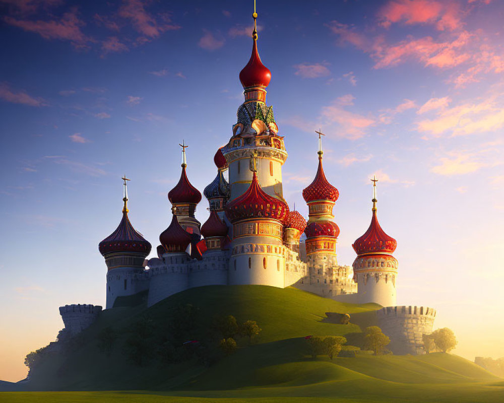 Ornate spires and red domes on a fantastical castle atop a lush green hill